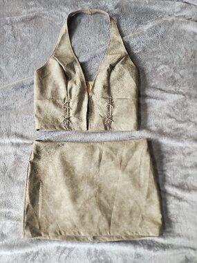 NWT Olive Faux Suede Lace‑Up Halter Top & Skirt Set - Size S